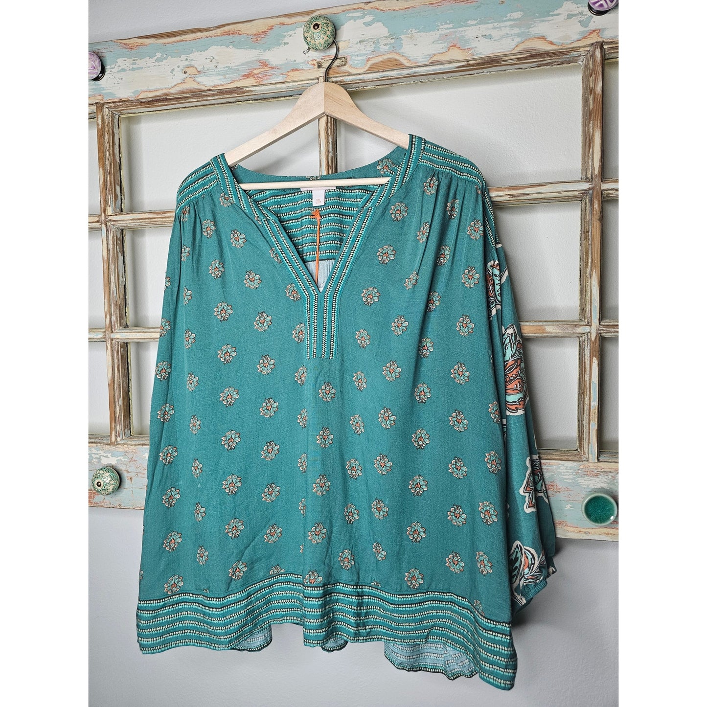 NWT Boho Split Neck 3/4 Sleeve Allover Floral Print Ladies Size XXL