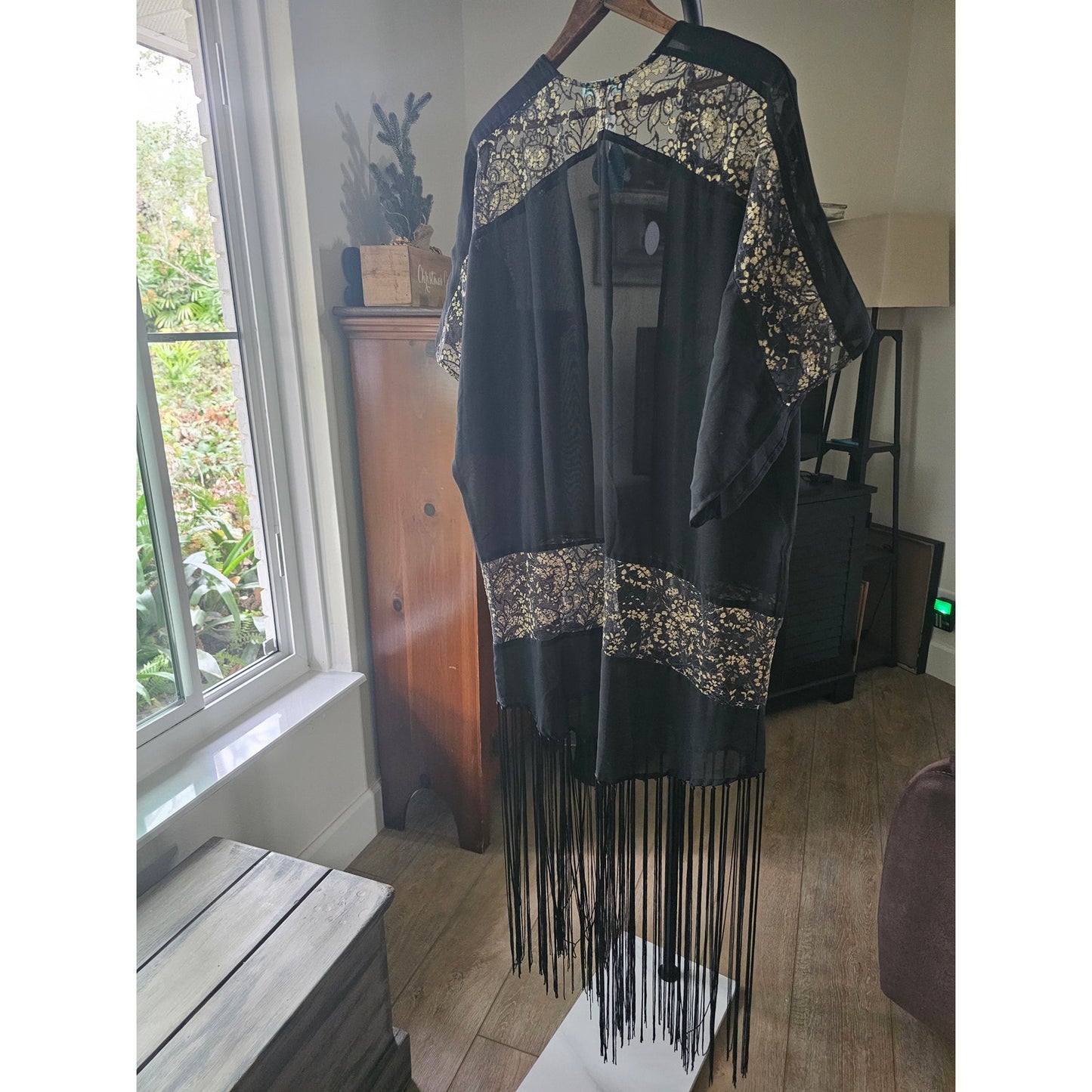 NWT Betsey Johnson black & gold Fringe Sheer Kimono ladies OSFM
