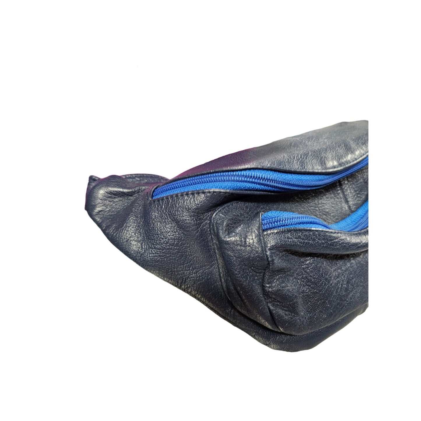 Vintage Navy-Blue Leather Adjustable Fanny Pack With Royal Blue Zippers
