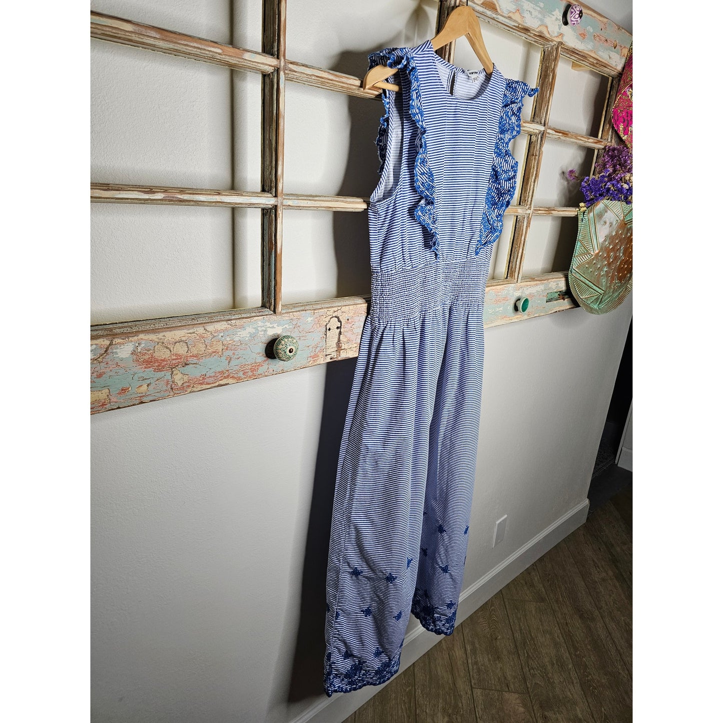 Koton Blue & White Stripe Midi Dress with Ruffles and Embroidery Ladies size Medium