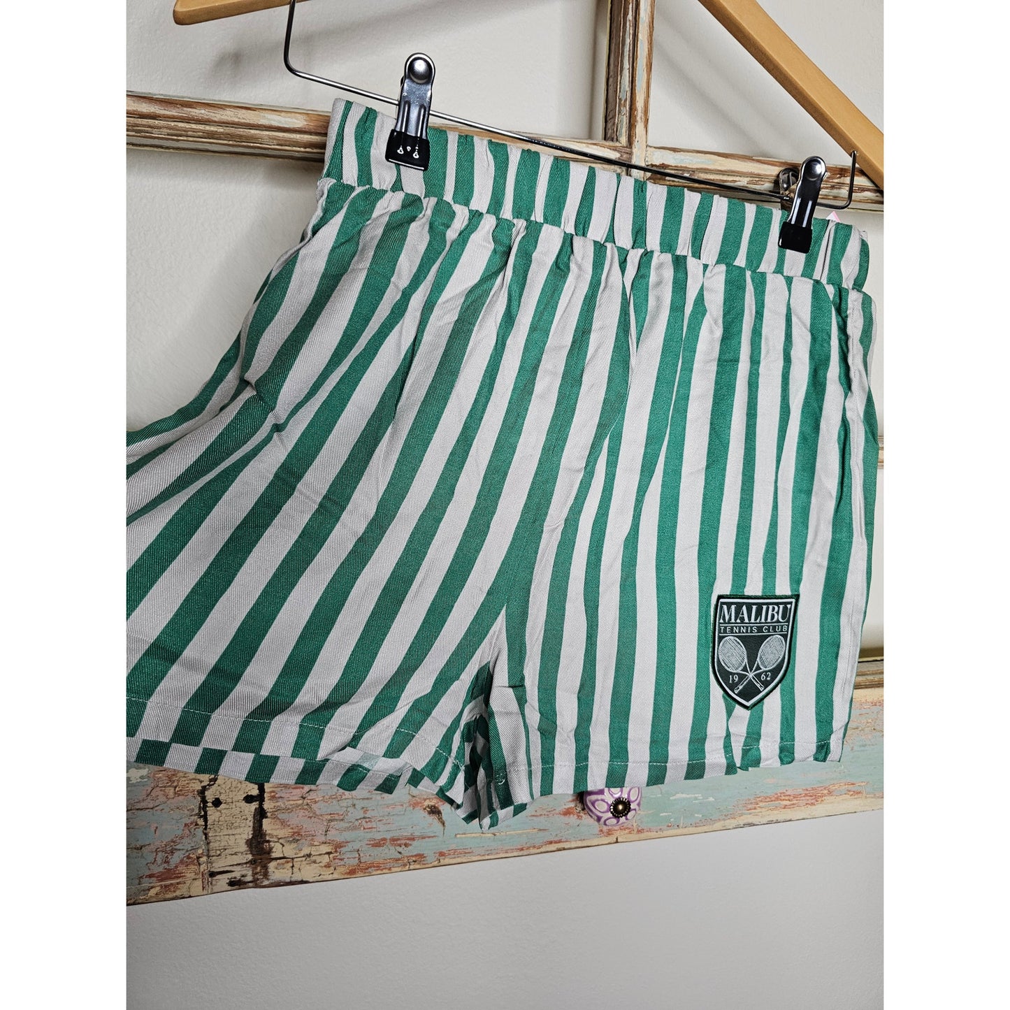 NWT Green & White Malibu Tennis Club Striped Shorts Ladies Size Small