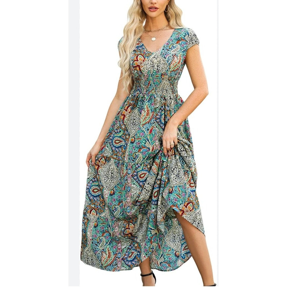 CUPSHE Boho Paisley Maxi VNeck Smocked Waist size Small Dress