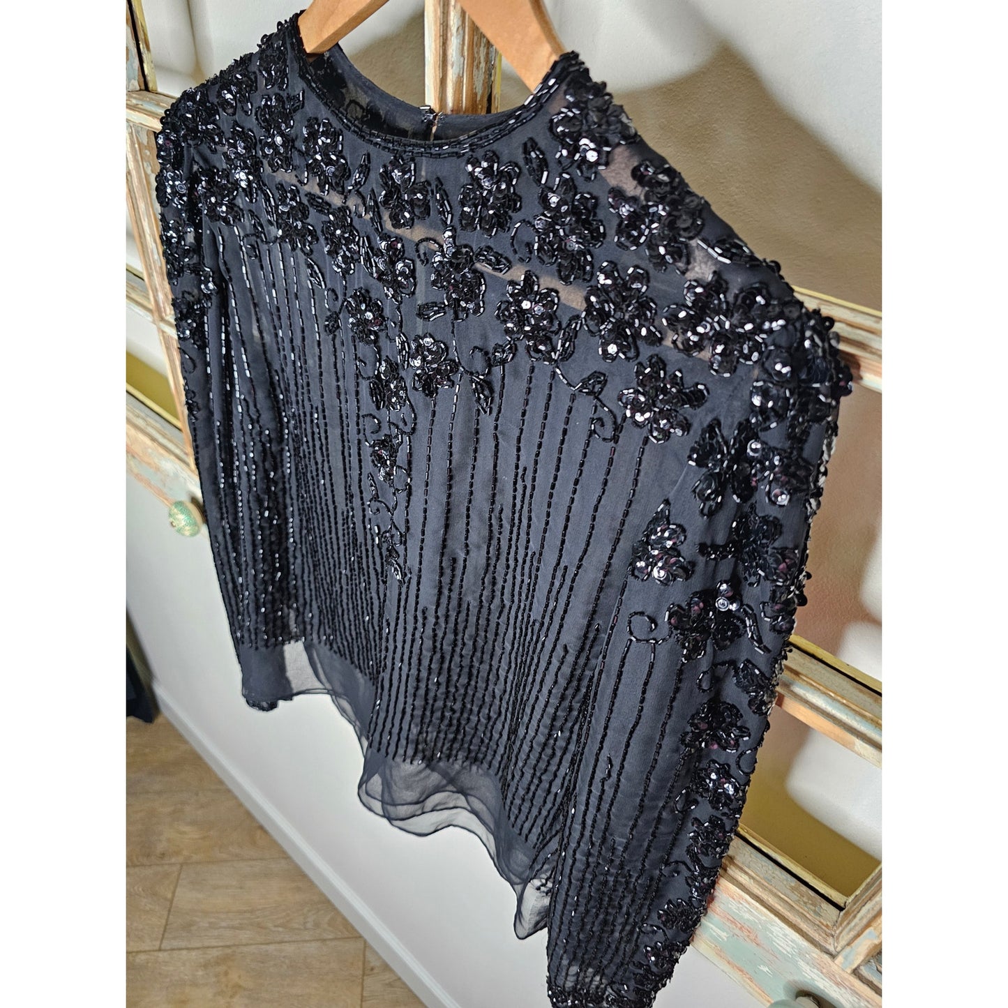 Vintage Black Beaded Long Sleeve Lined Blouse Ladies Size 12
