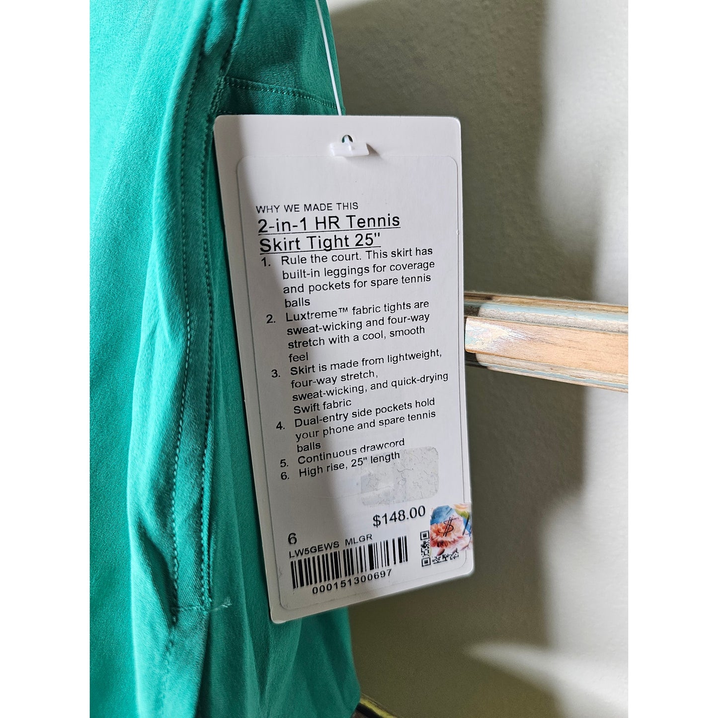 NWT Lululemon 2-in-1 Green Tennis Skirt & Tights 25" Ladies size 6