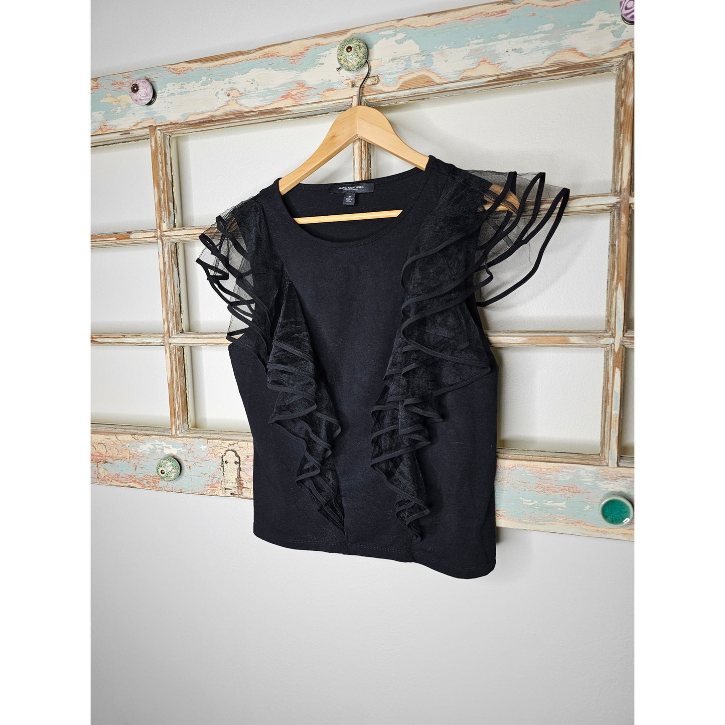 Marc New York Black Sleeveless Top w/ Sheer Ruffled Shoulders Ladies size Medium