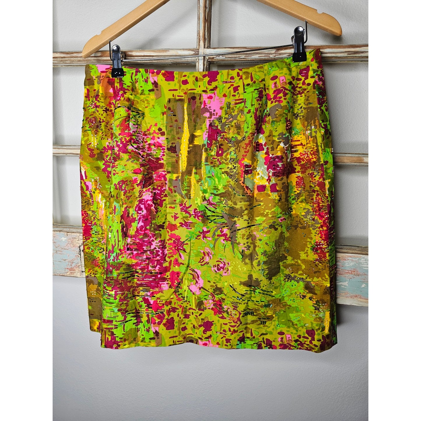 Etcetera Lined Abstract Skirt Womens Size 12 Green Multi Beaded Pencil