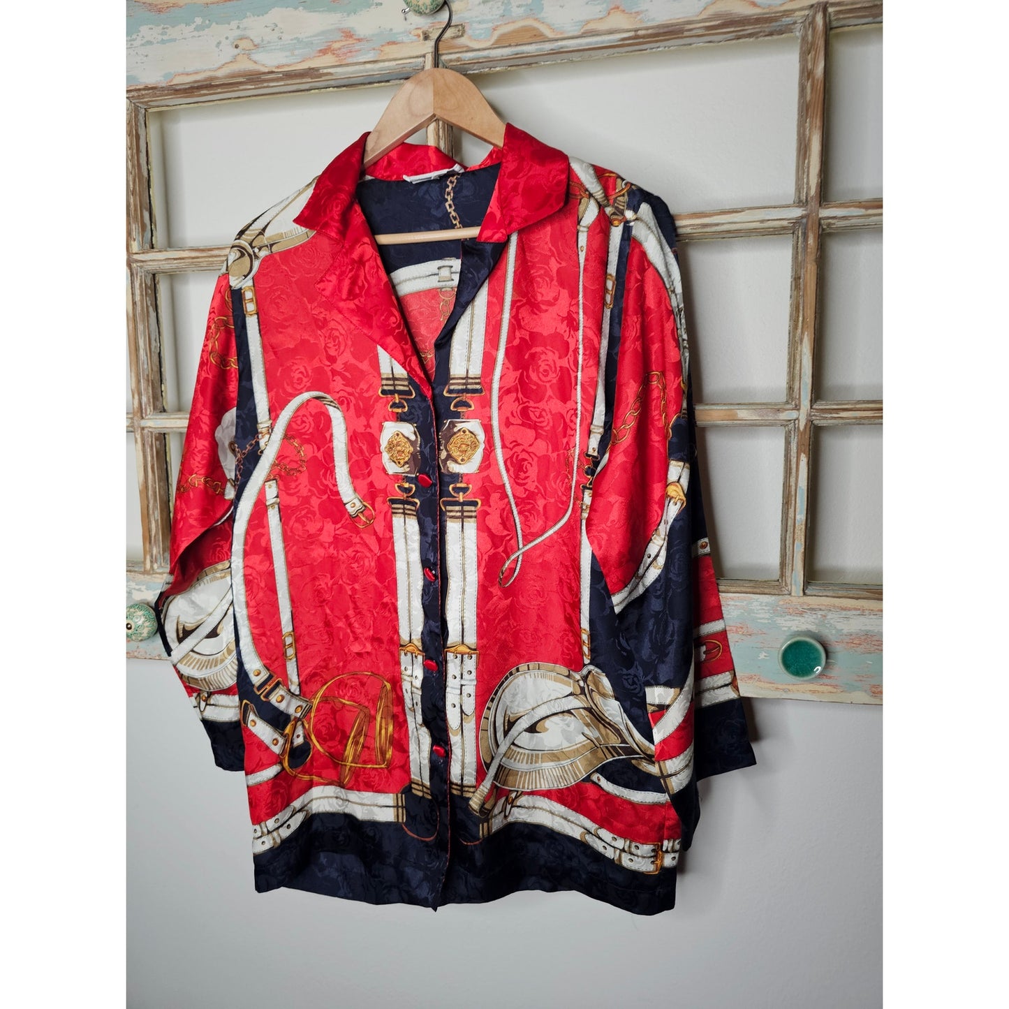 Vintage Equestrian Red/White/Blue Button Up Ladies Small Blouse