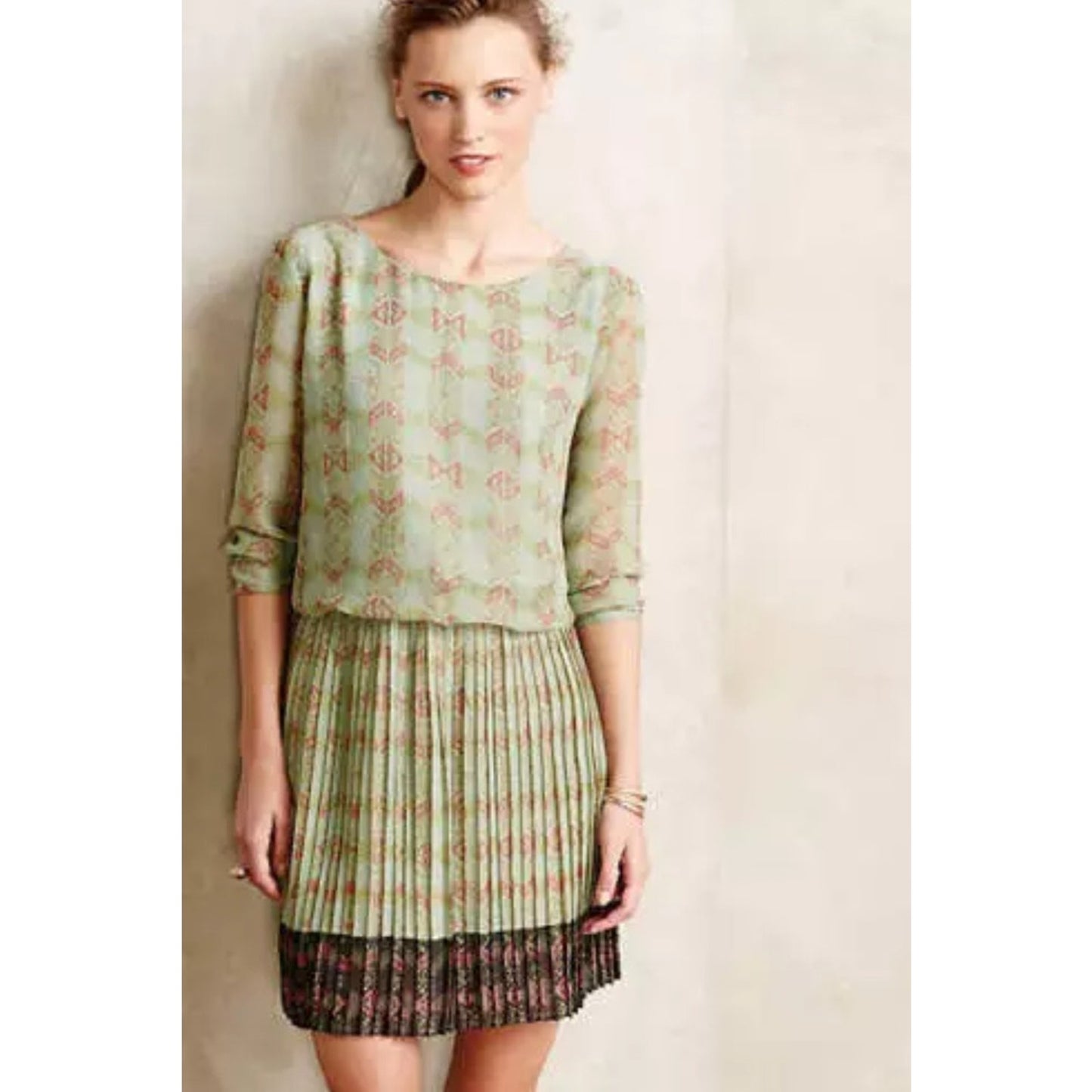 NWT Anthropologie Lavand Blouson Dress Pleated Skirt Ladies size Large