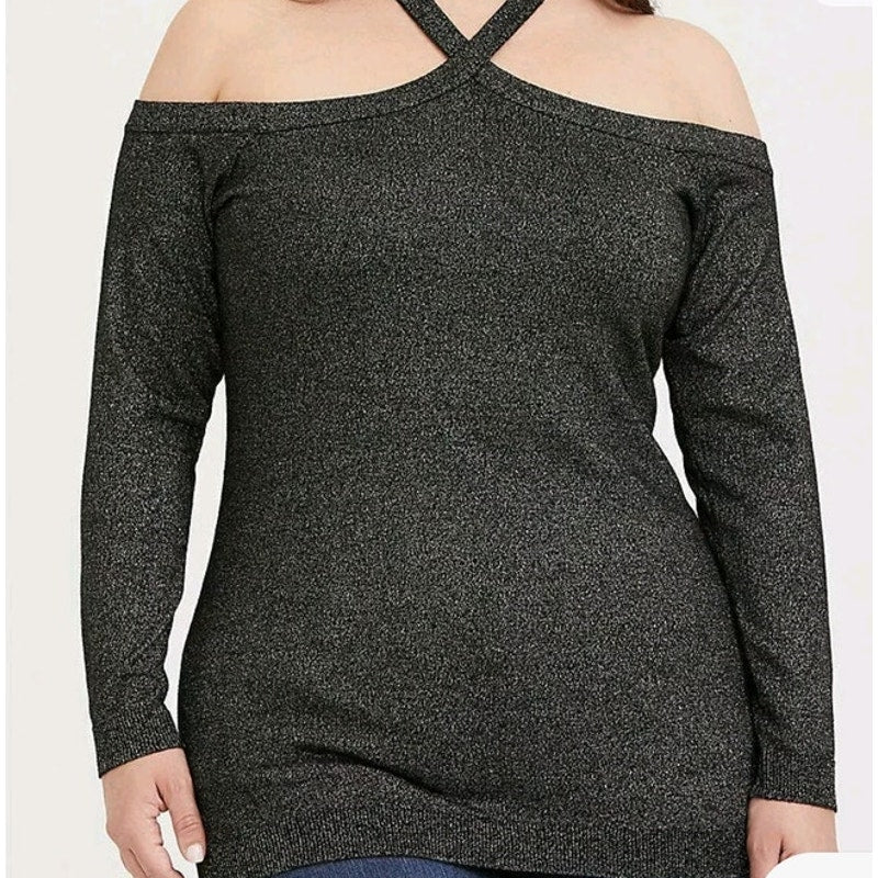 NWOT Torrid Size 2 18/20 Black & Gold Metallic Cold Shoulder Sweater