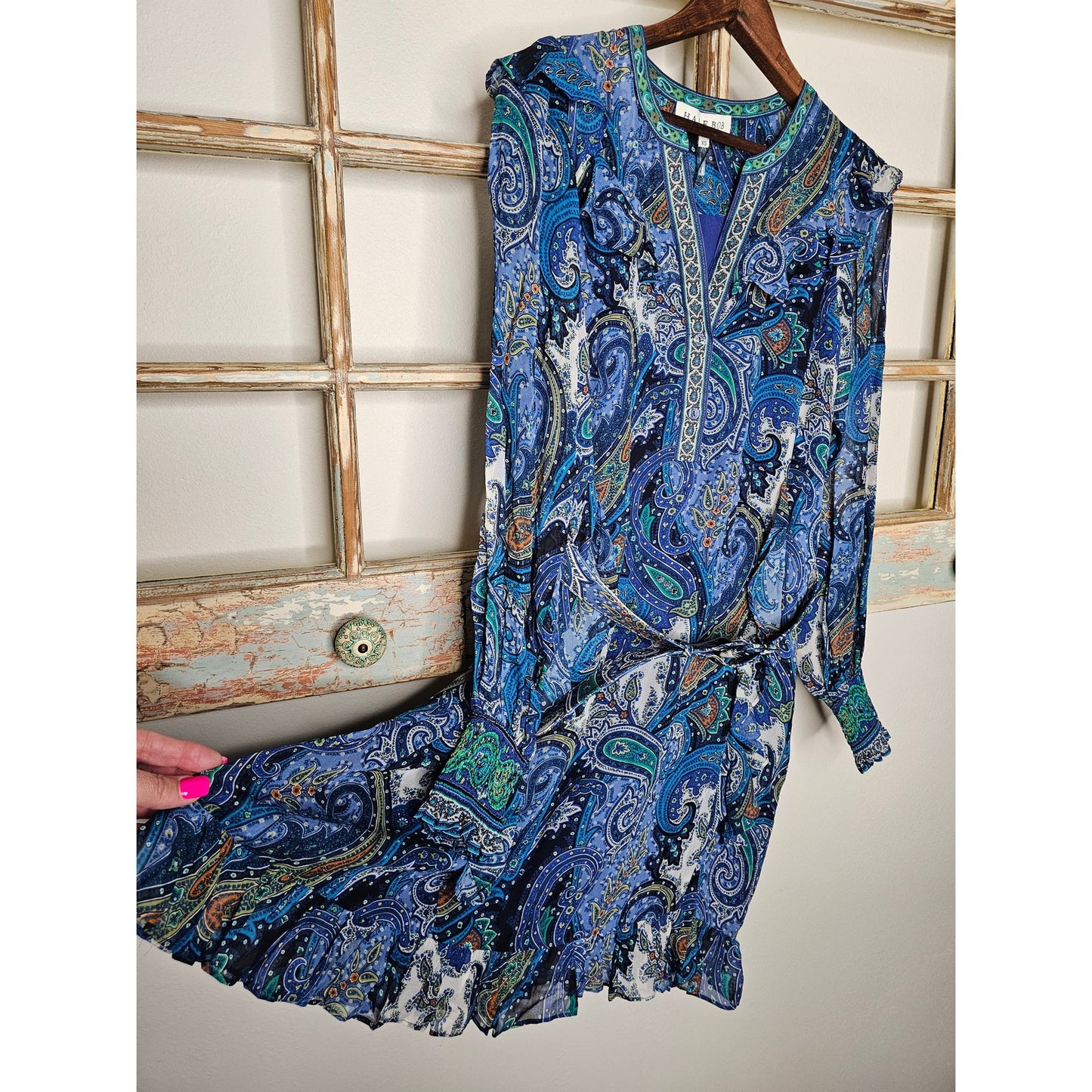 NWT Hale Bob Paisley Blue lightweight Dress Sheer long Sleeves ladies size XS