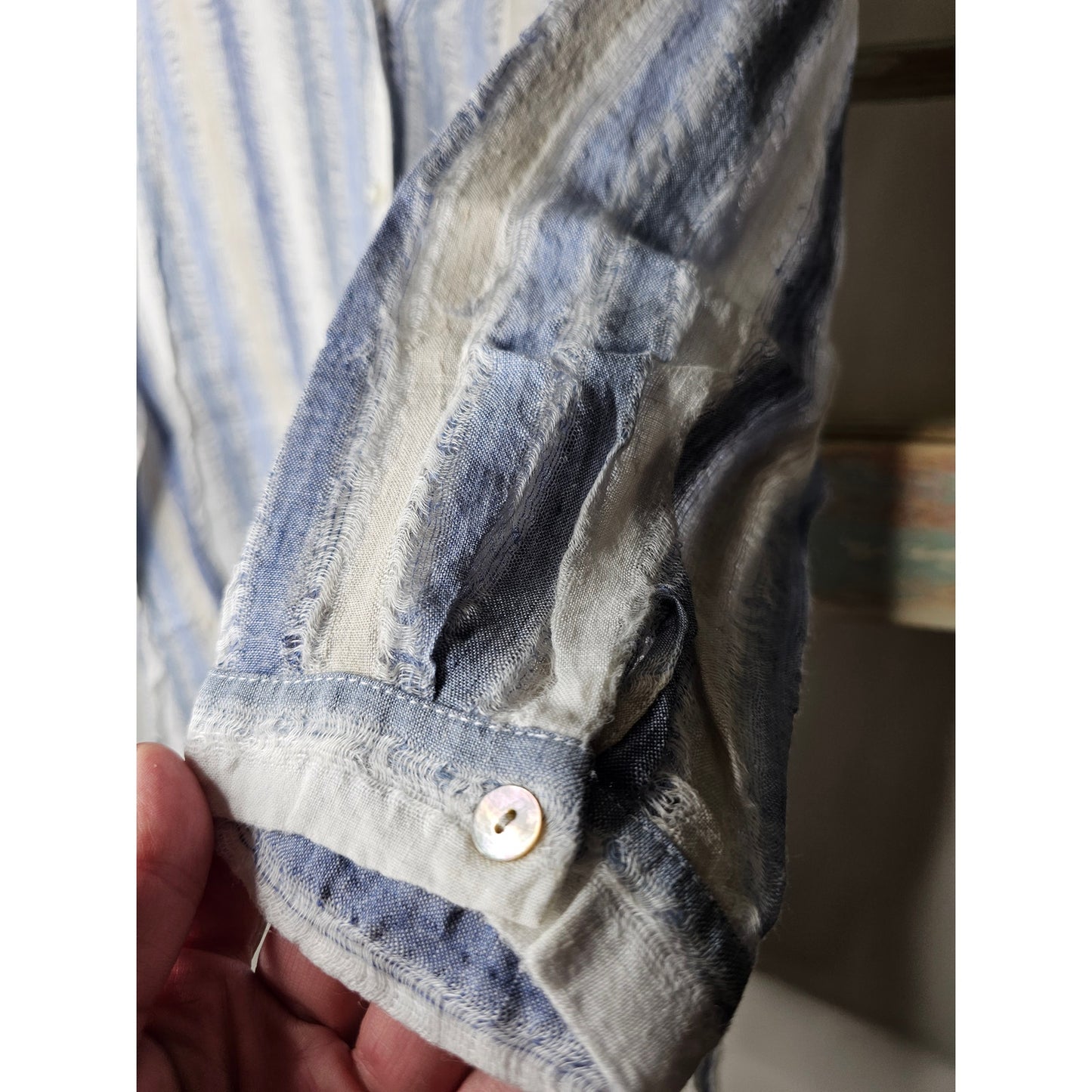 Linen Amelline V-neck Striped Button Up with Eyelash Detail Ladies Size Large