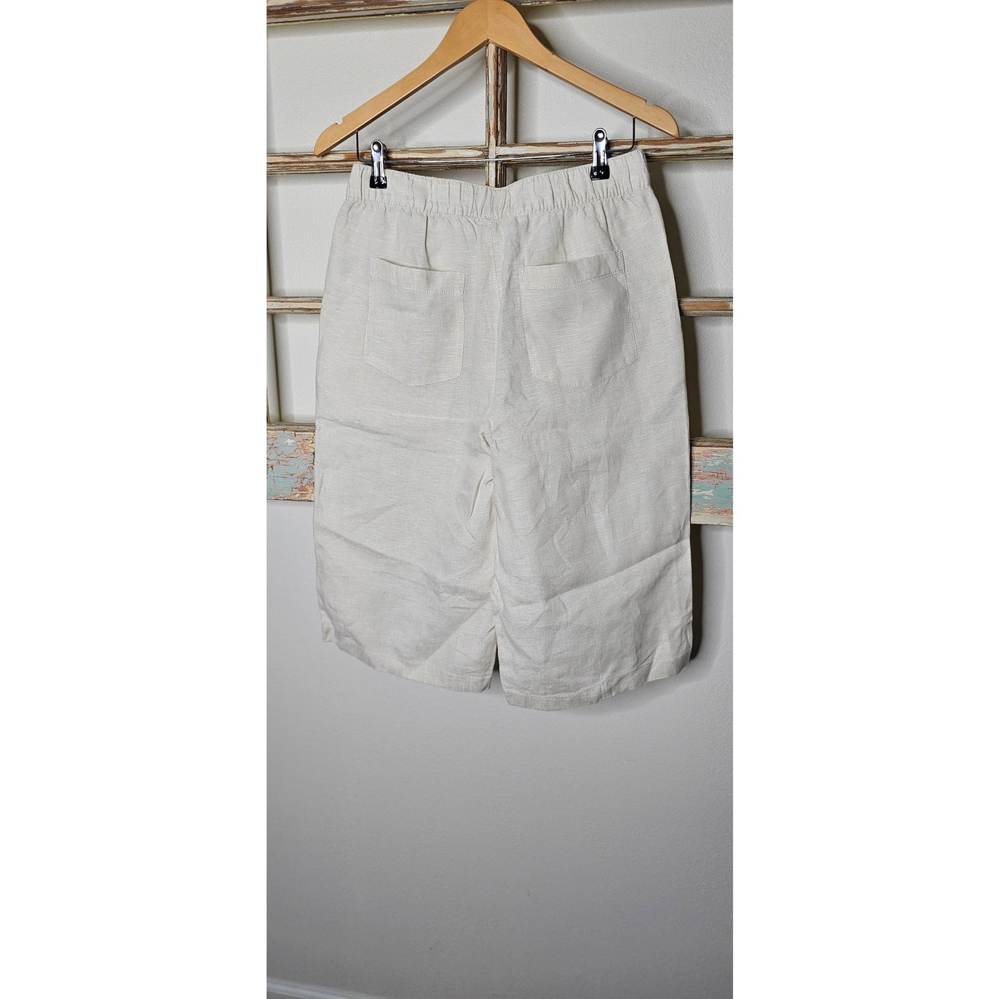 Ivory Linen Elastic Waist Pull On Relaxed Long Short Ladies size meidum