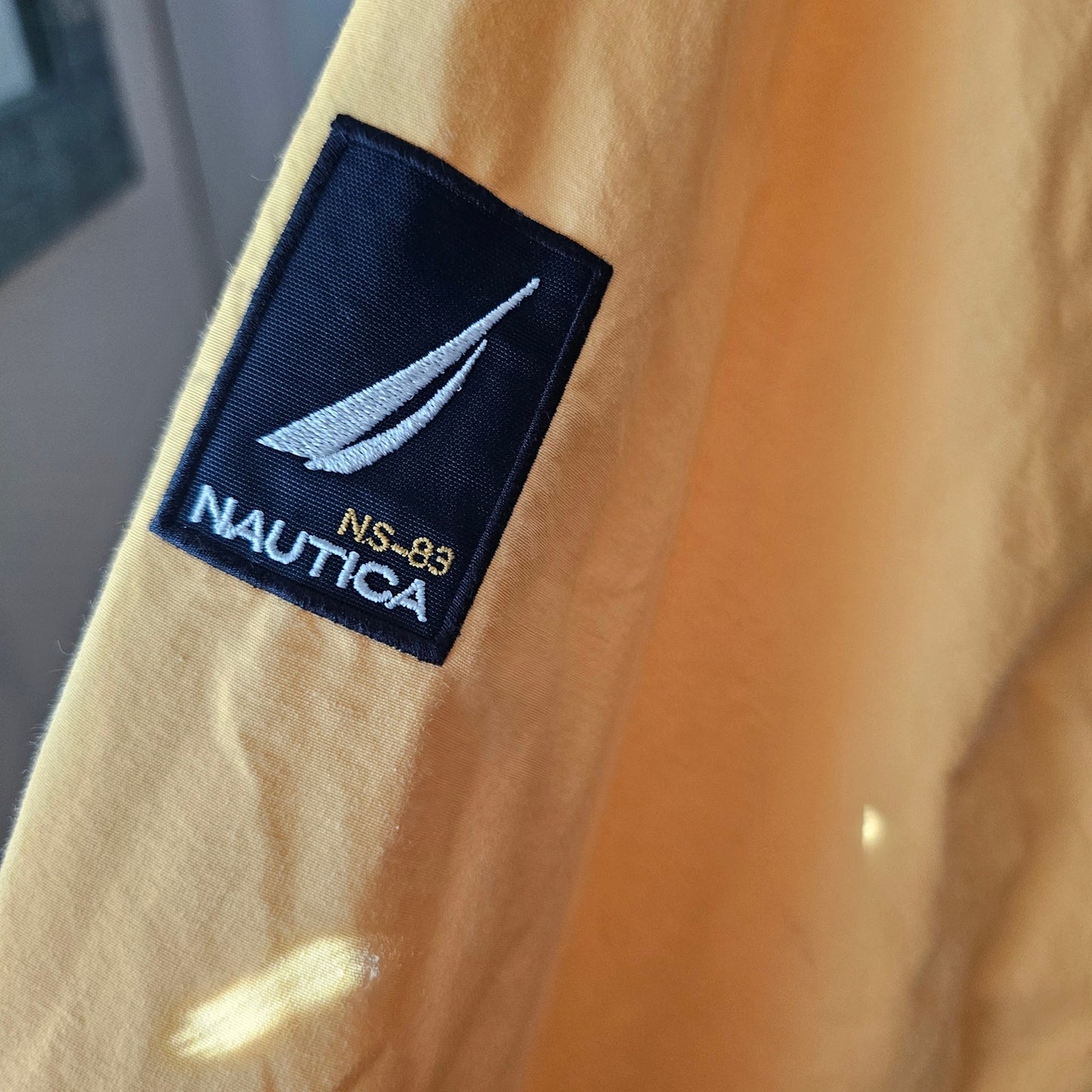 Vintage Nautica Gold/Blue Zip Up Wind Breaker Hidden Hood Mens Size XL