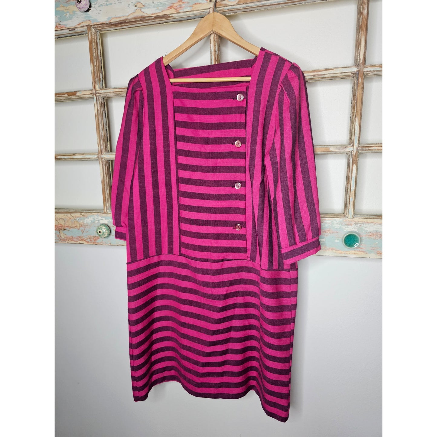 Vintage Pink/Maroon Striped 3/4 Sleeves square neck Ladies size Large