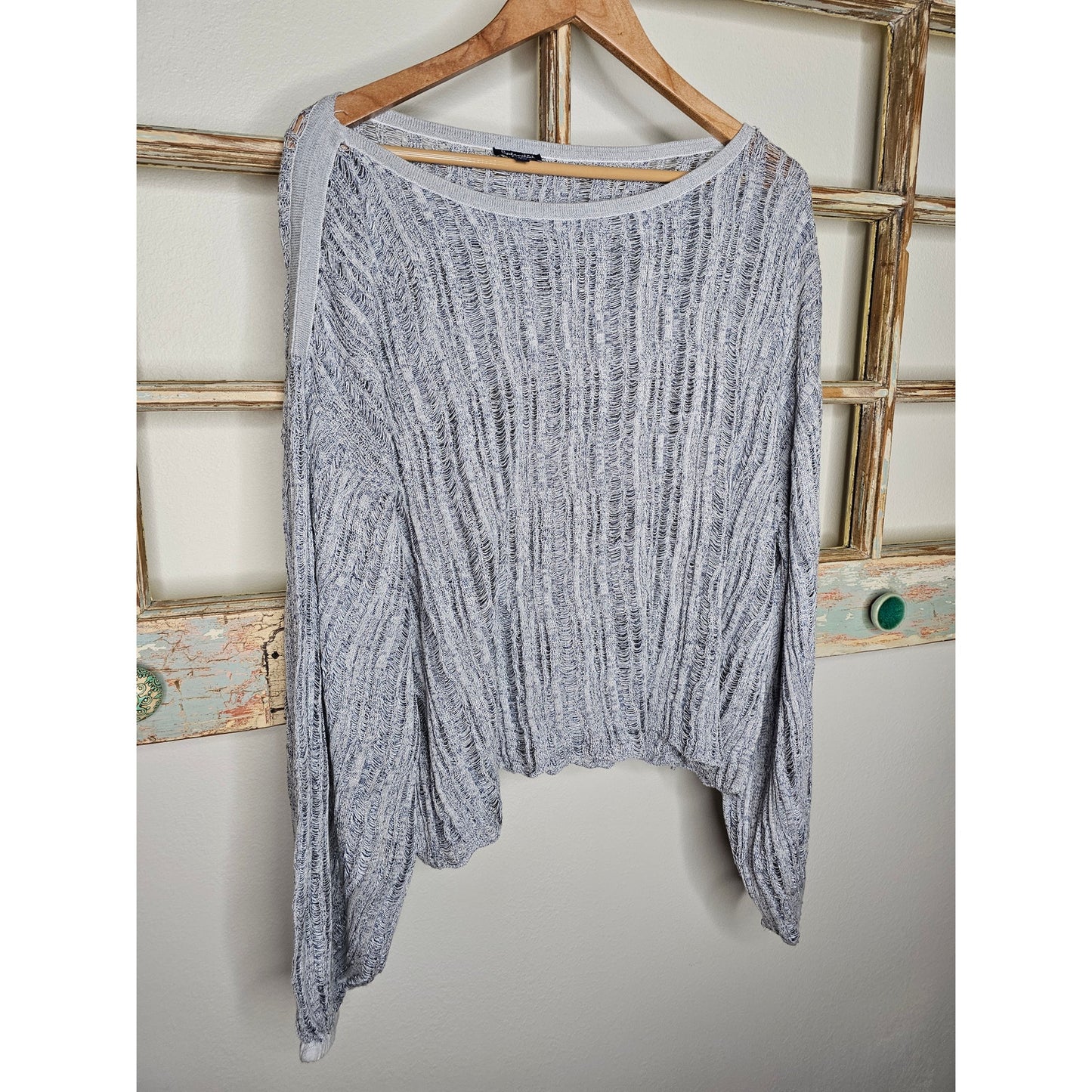 Splendid Open Knit Boatneck Balloon Sleeve blue/white Top Size XL