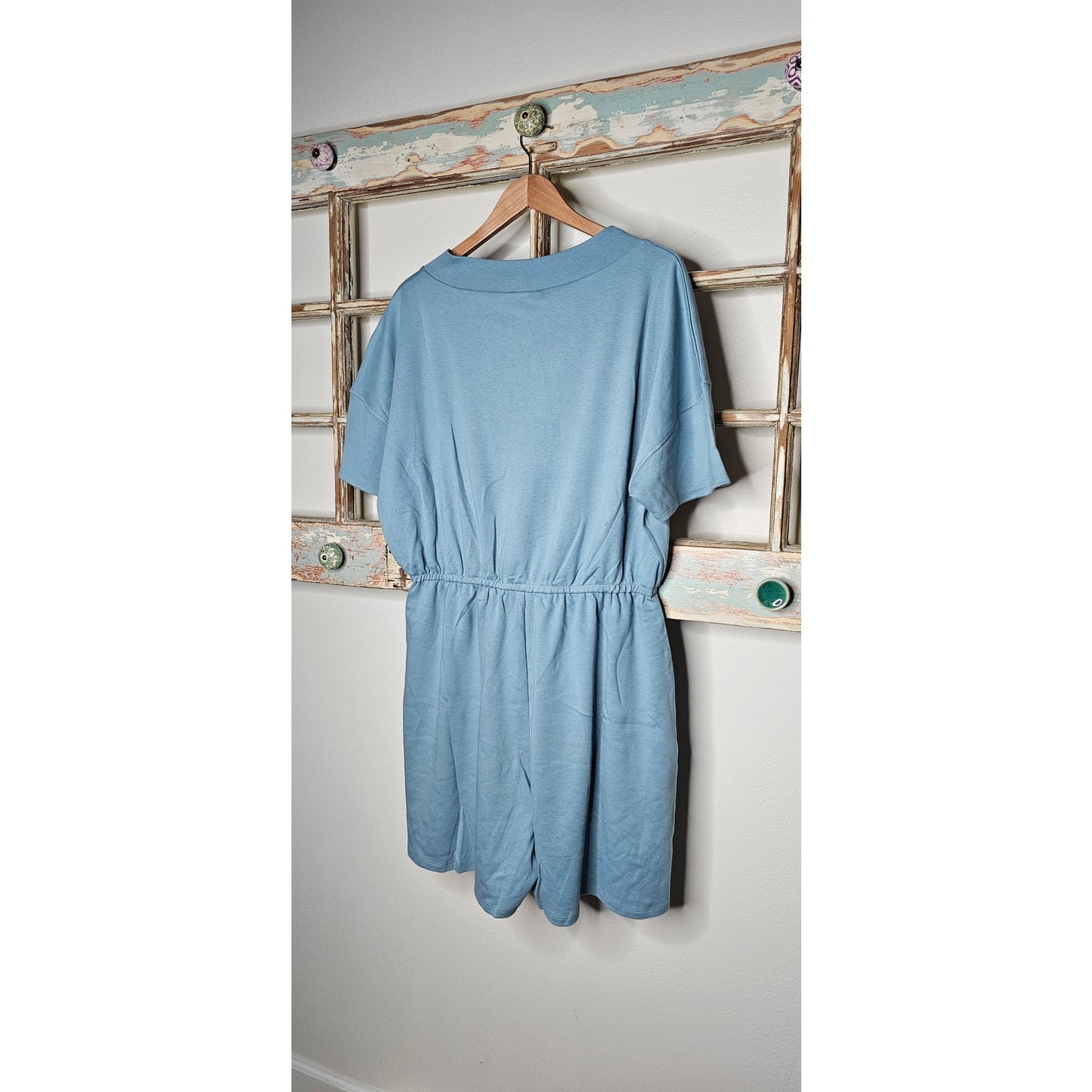 NWT Zenana Drop Shoulder Blue V-neck Short romper with pockets size 1x 14/16