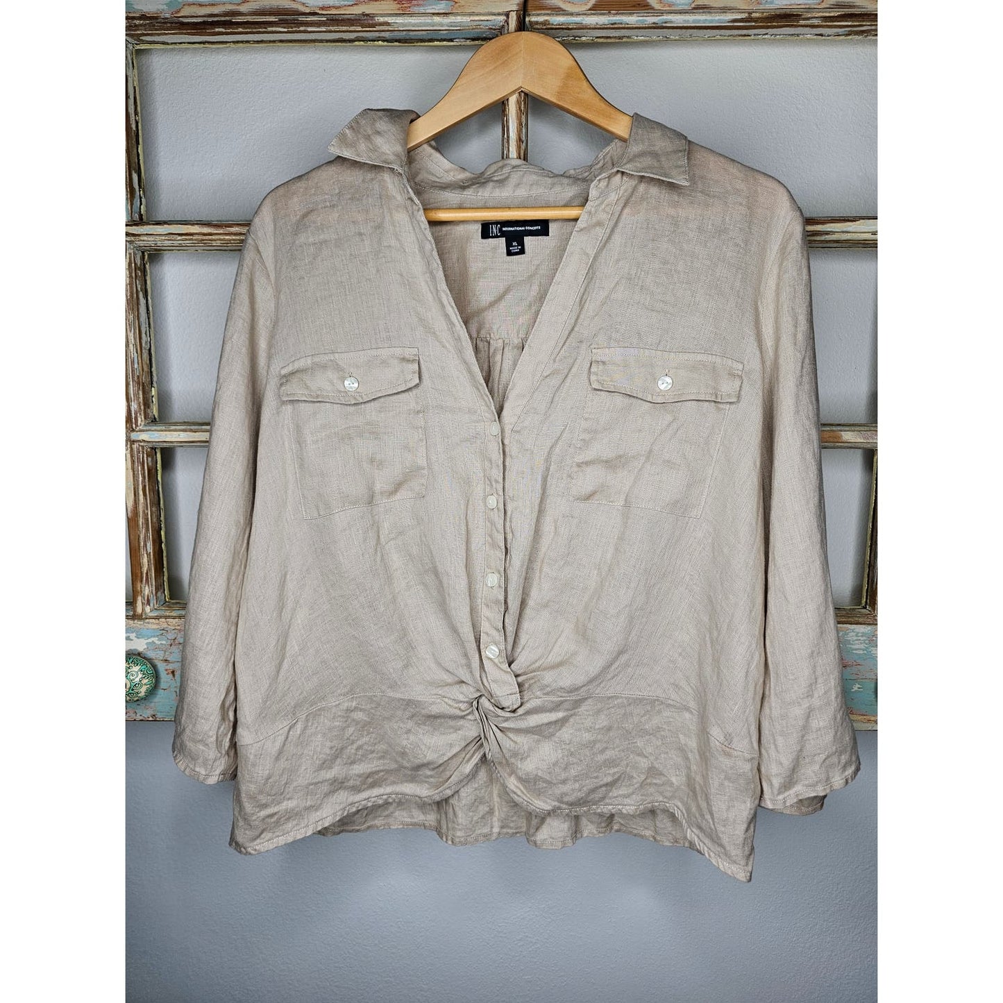Linen INC Tan 3/4 Sleeve Twisted front At Waist Ladies Size XL