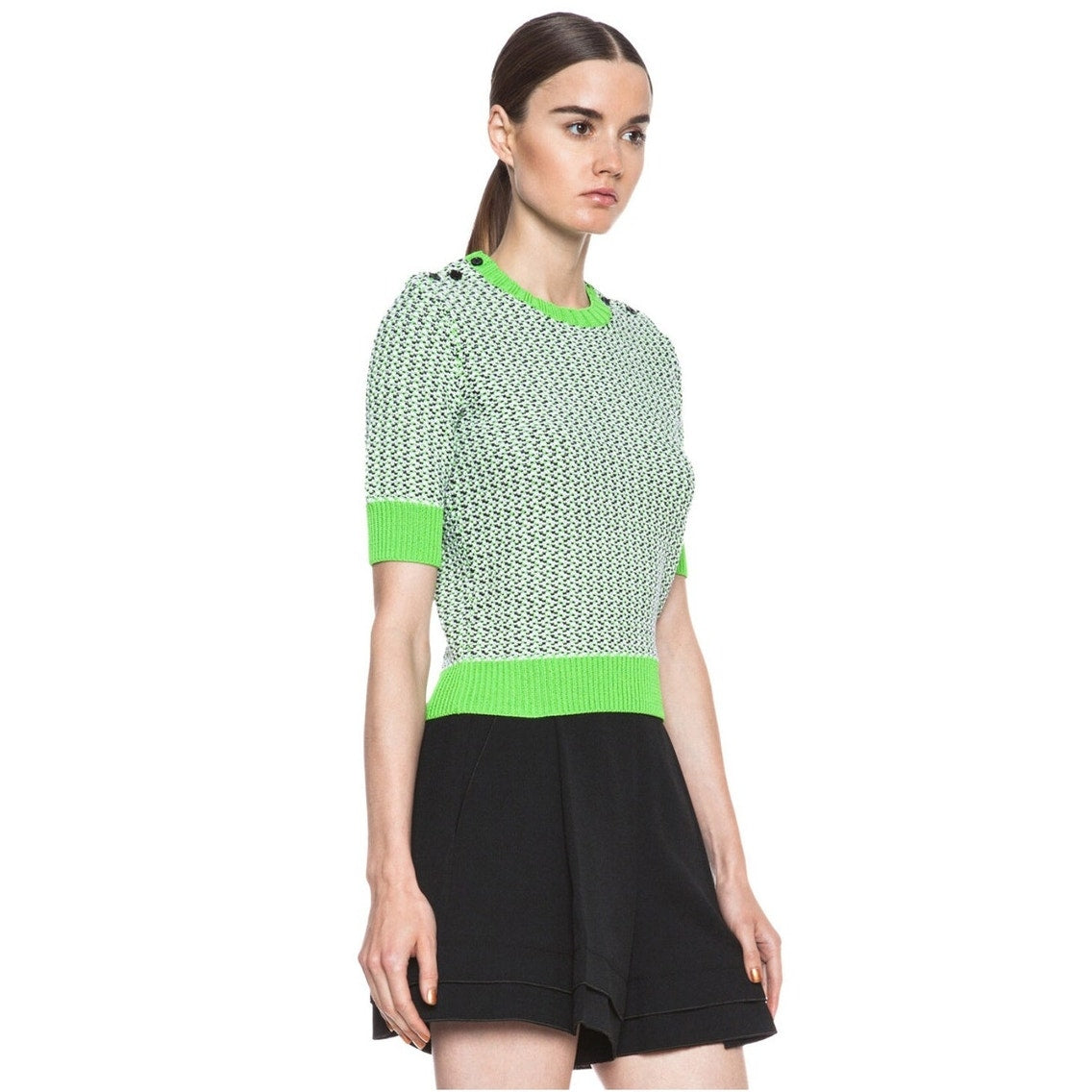 Carven Tweed Stitch Short Sleeve Kiwi Knit Top Size XS