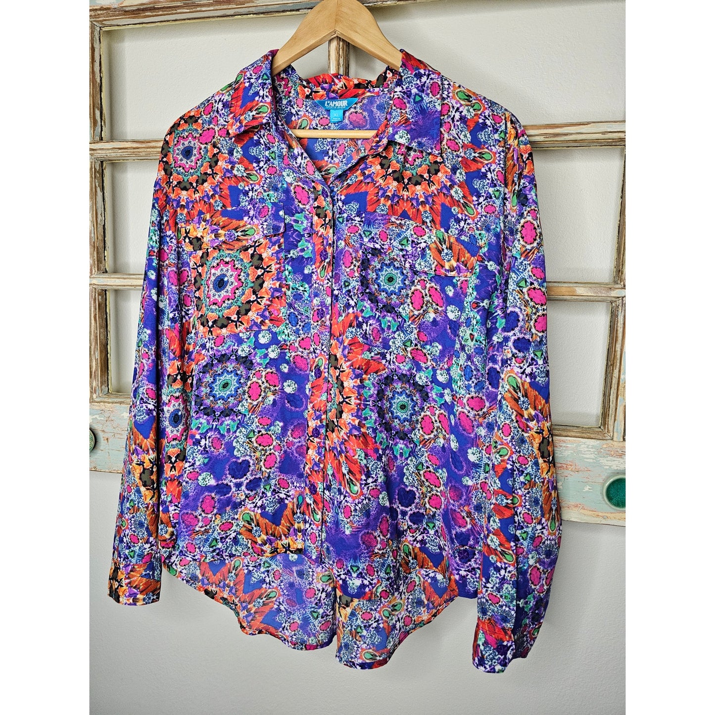 L'Amour Nanette Lepore Vibrant Abstract Button Up Blouse Size XL