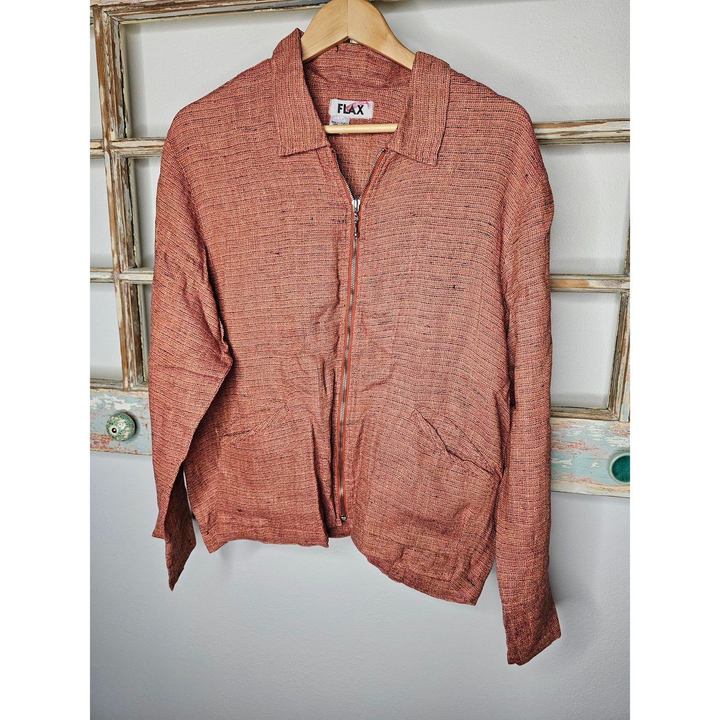Flax Linen Zip Up Collared Jacket with Front pockets in Coral Tweed Size Small