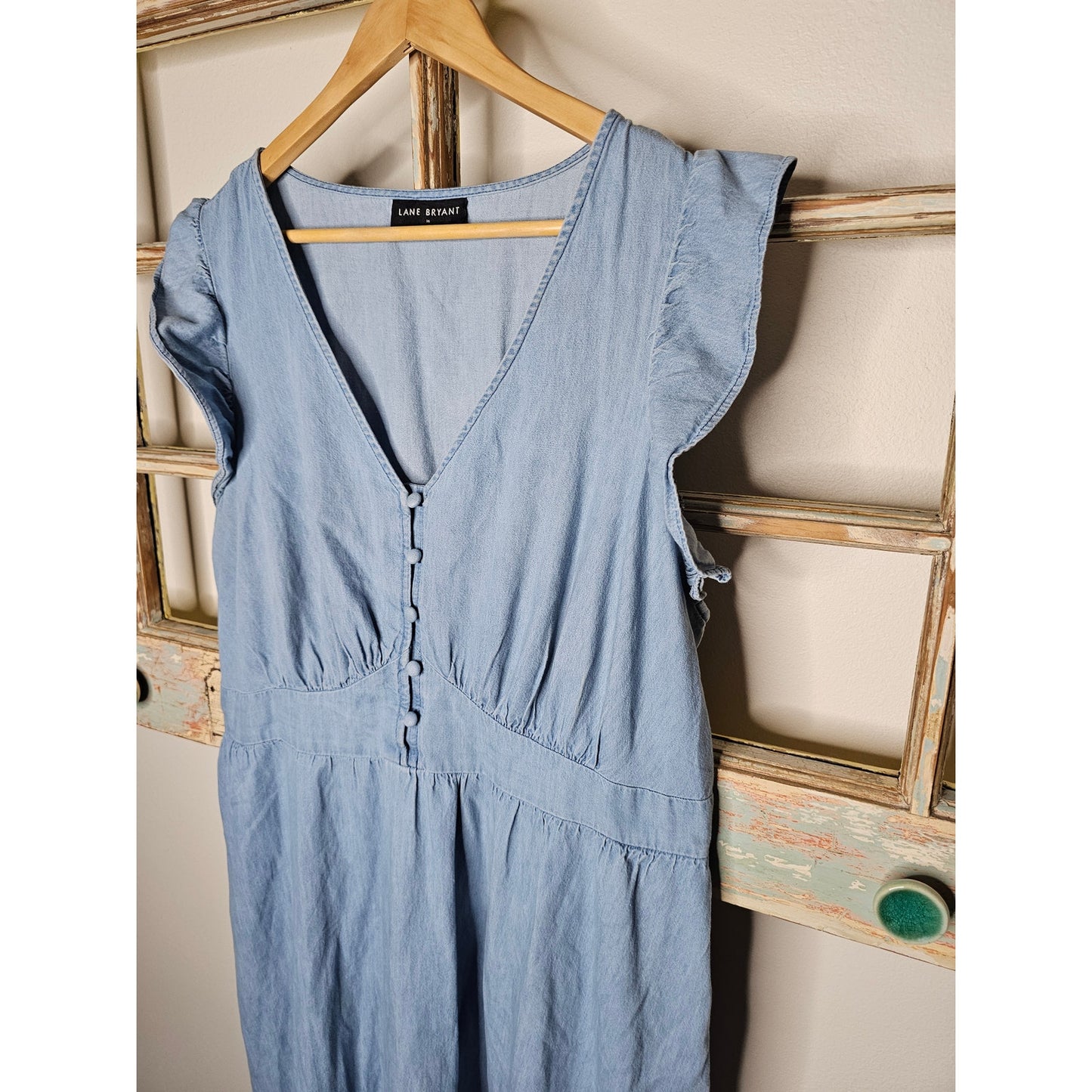Lane Bryant Denim Chambray V-neck Ruffle Cap Sleeve Dress Ladies size 16