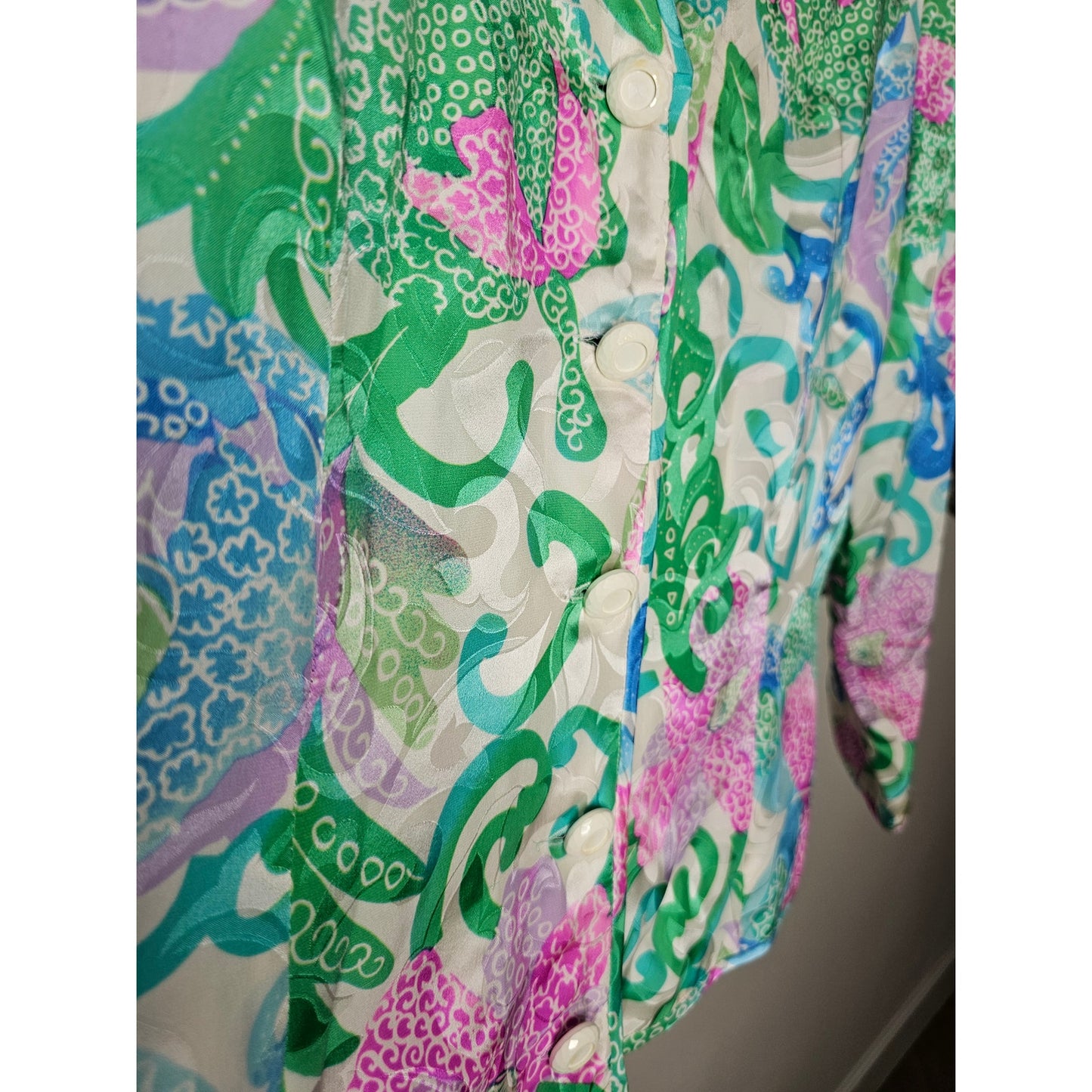 Vintage Pastel Pink/Green/Blue 100% Silk Blazer and flowy skirt Size 14