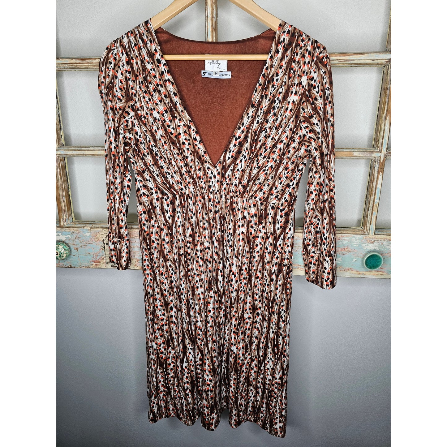 Vintage Milly Lined Mini Dress In a Brown Retro Print Size Medium