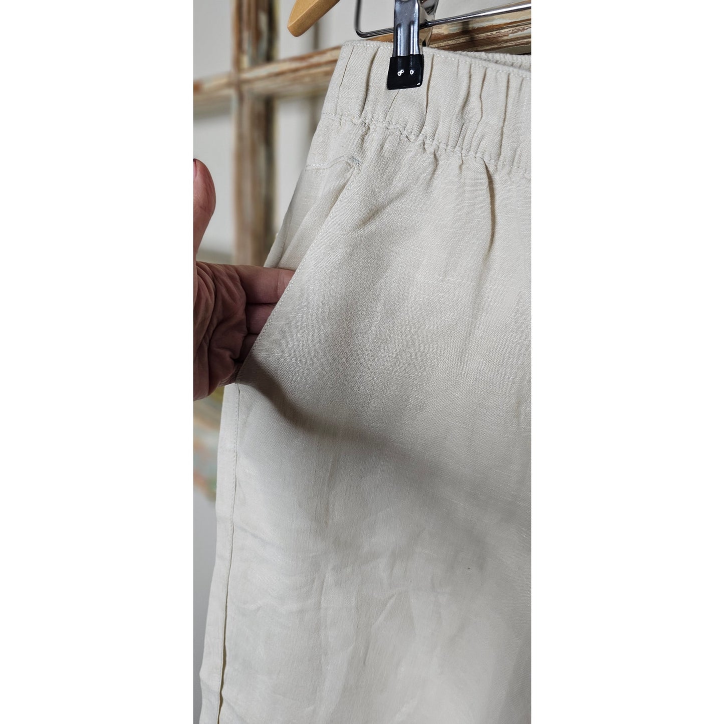 Ivory Linen Elastic Waist Pull On Relaxed Long Short Ladies size meidum