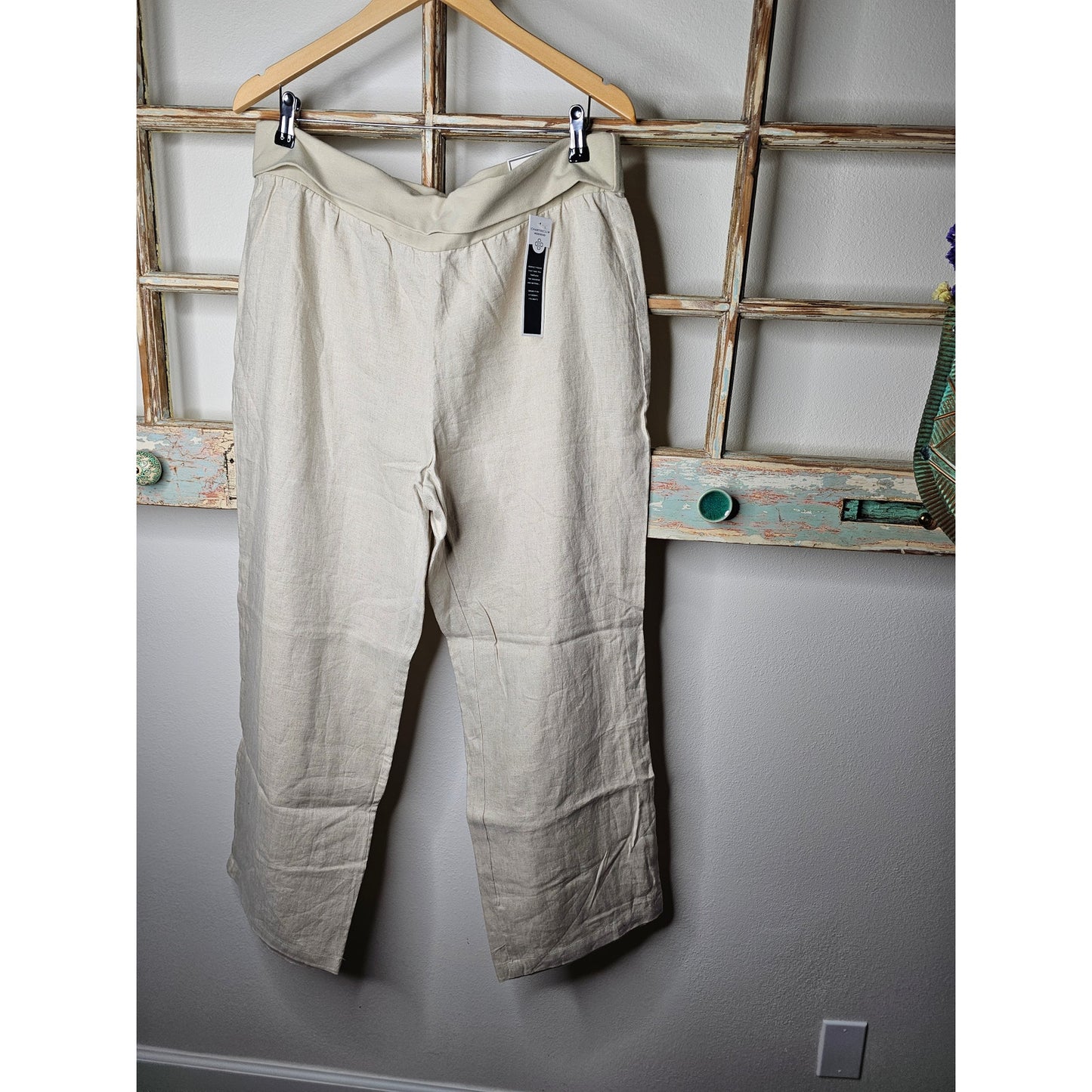 NWT Linen Straight Leg Pants in Flax with Elastic roll down waist Ladies size XL
