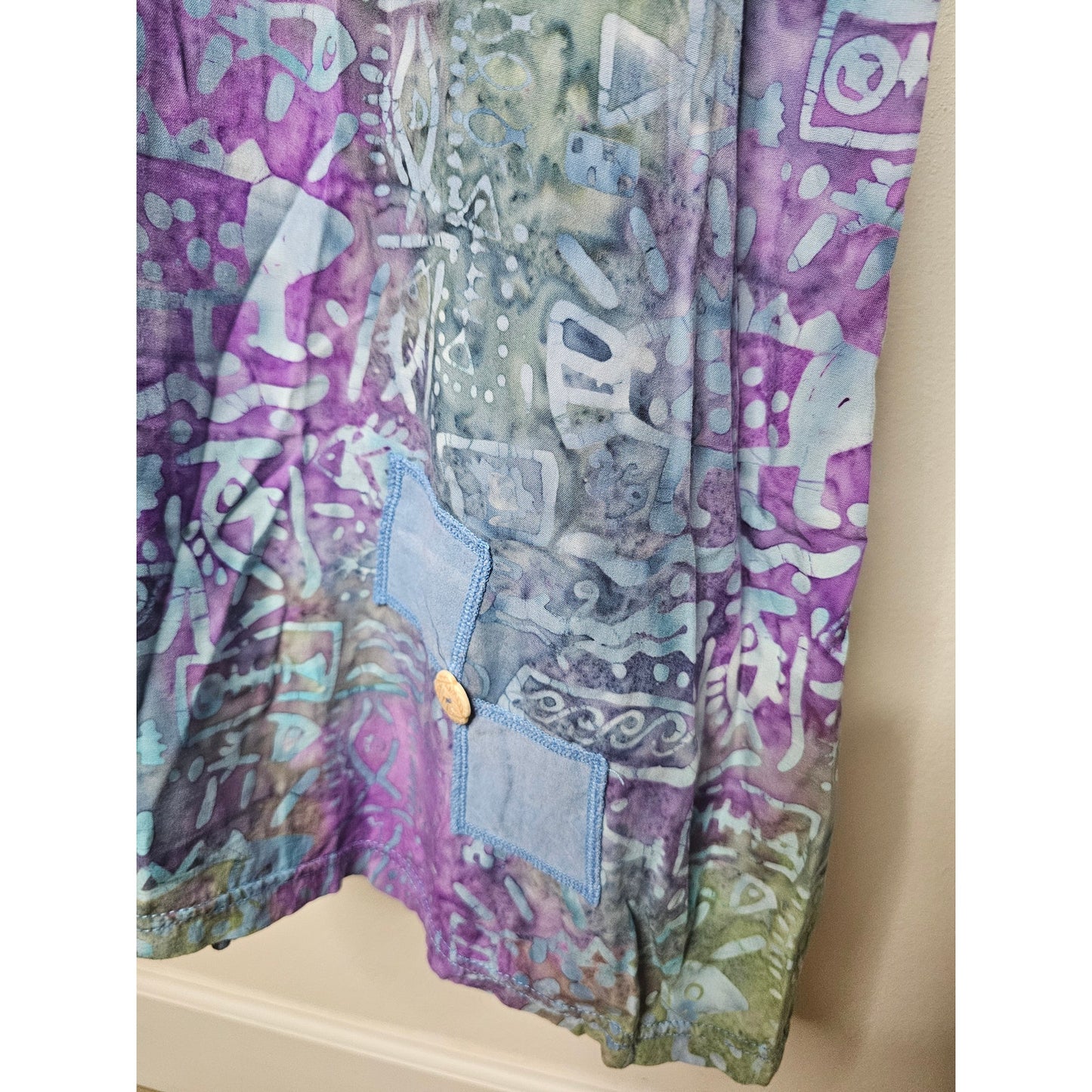 Vintage Batik Midi Dress Purples & Blues Patches Ladies size Medium