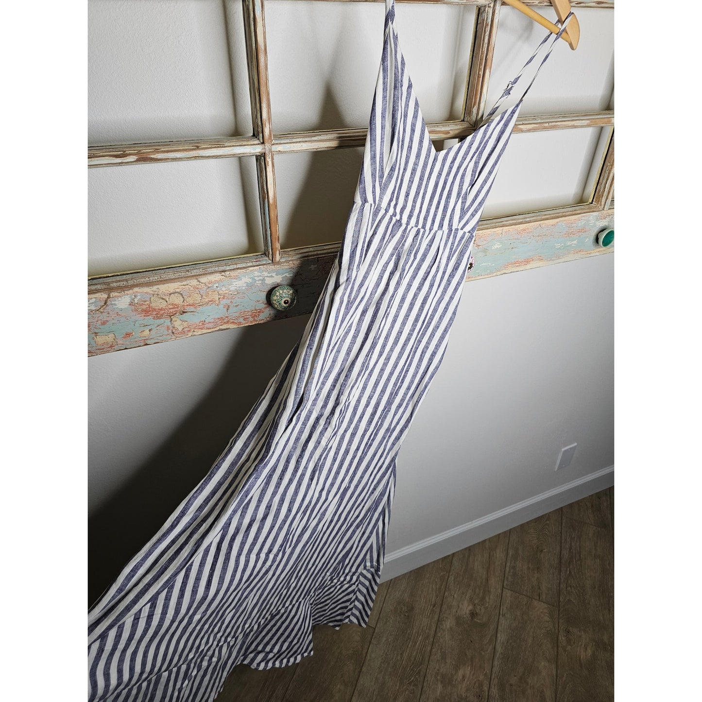 Linen Antibes Blanc Ladies Lined Striped Tiered Midi Dress Ladies Size 6