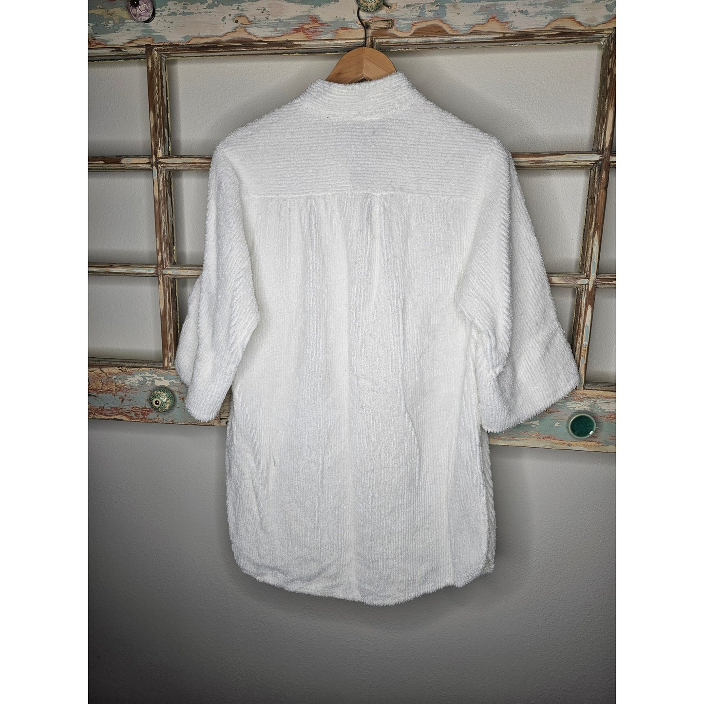 Vintage White Terrycloth Pullover Deep V Neck 1/2 Sleeves Size