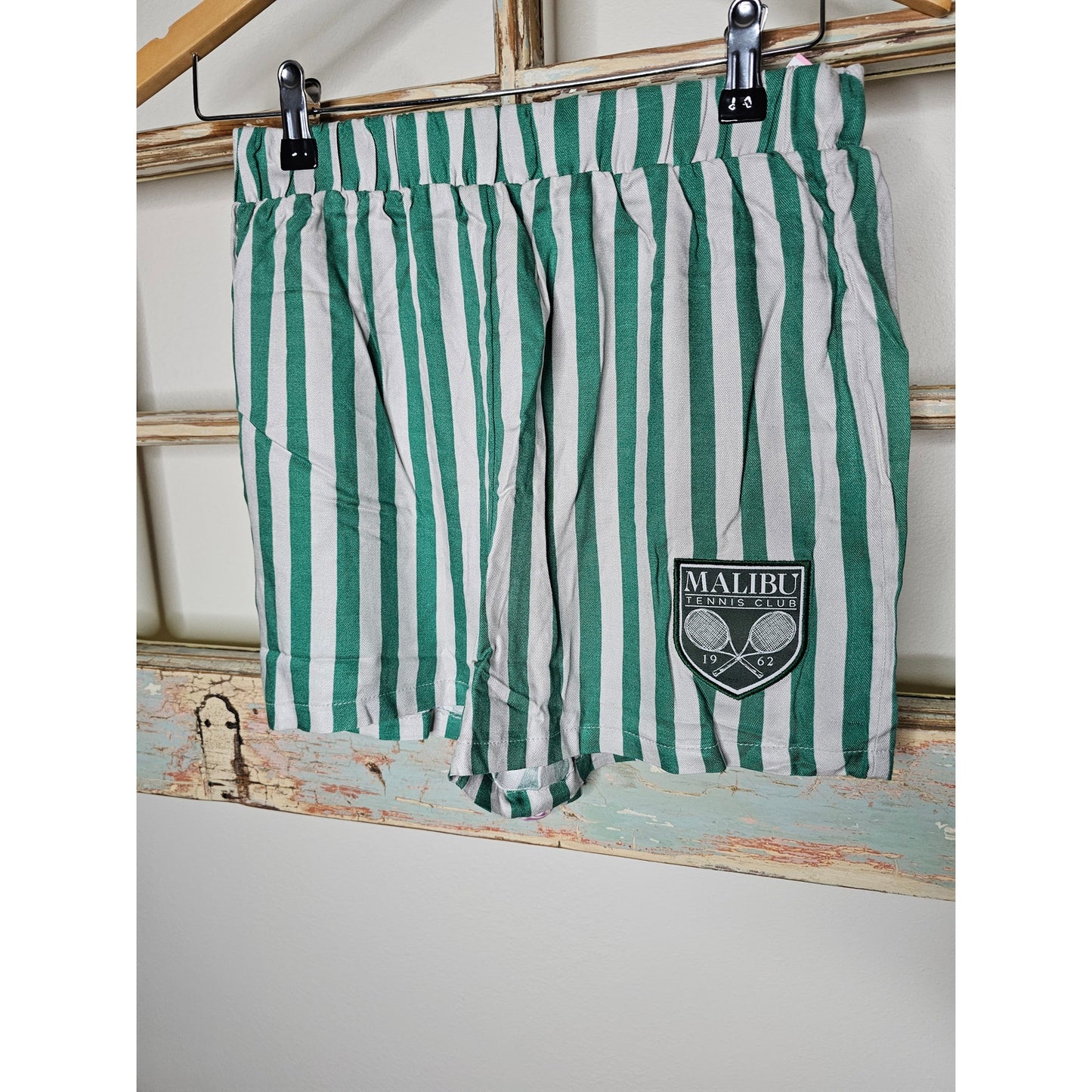 NWT Green & White Malibu Tennis Club Striped Shorts Ladies Size Small
