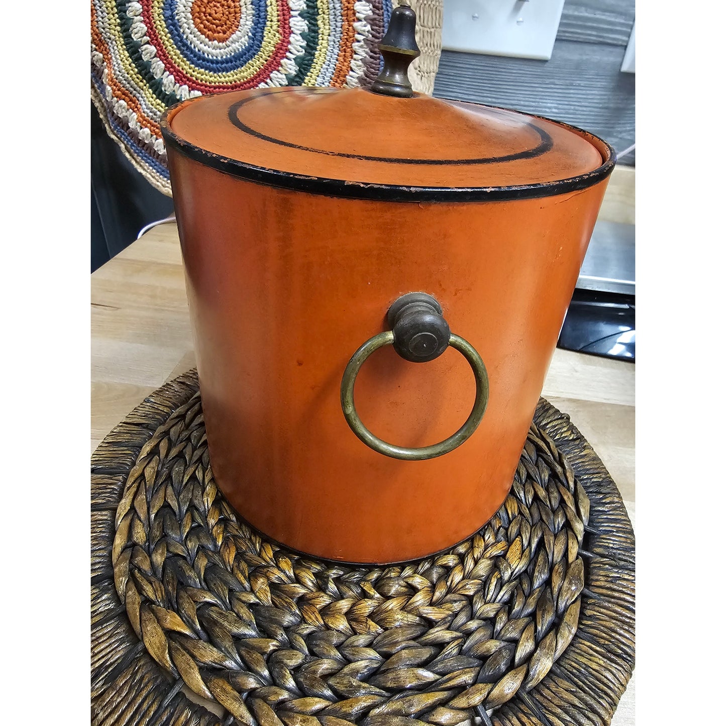 Vintage Cinnabar orange With black Wash/Trim Ice bucket Brass accents