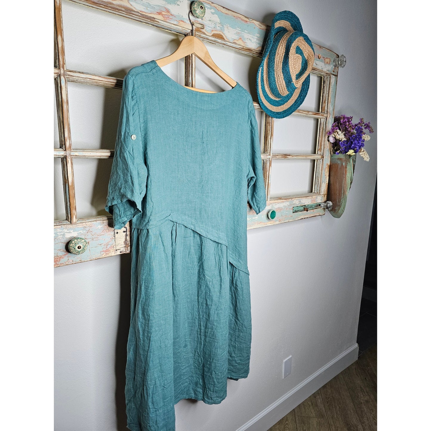 Linen Italian Made Blue/Green Dress Ladies Size Medium