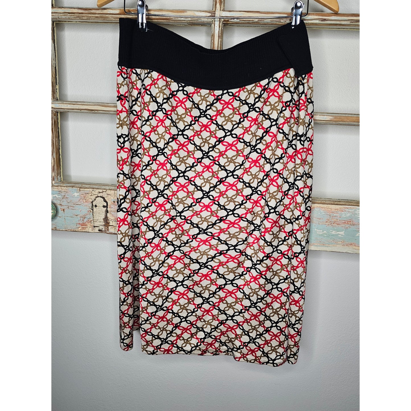 Escada Sport Red/Black/Tan Merino Wool Blend Silk Skirt size XL7[