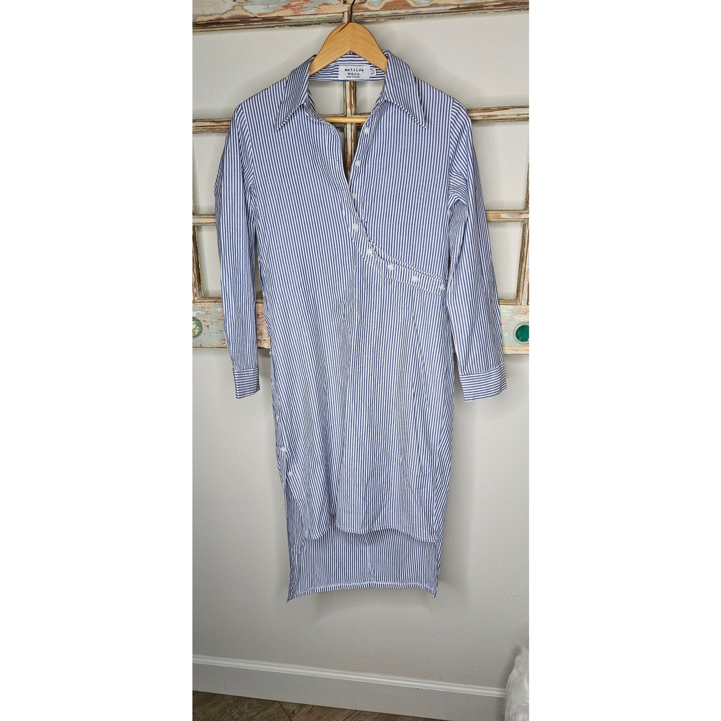 Matilda Navy & White Oxford Button Down High Low V-back Dress size 4