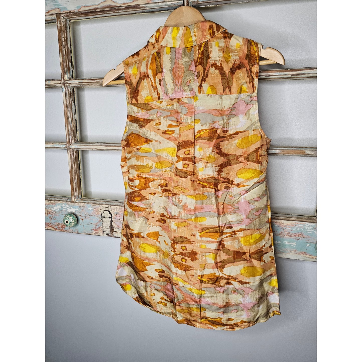 Pendleton 100% Silk Yellow/Pink Camo Button up Sleeveless Top Size Small