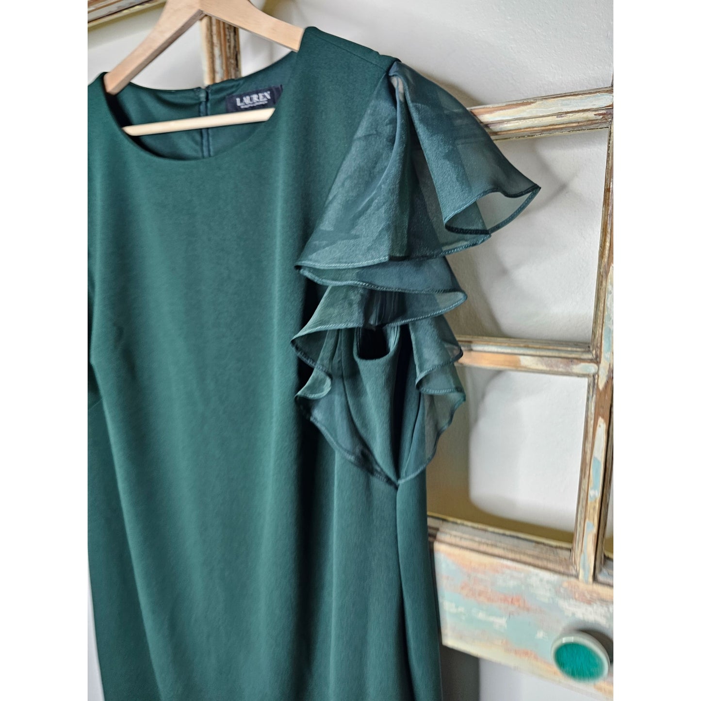 NWT Ralph Lauren Green Ruffled Sleeve Dress size 16