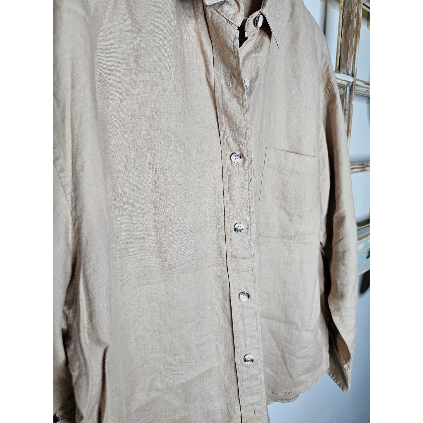 Linen Khaki Button Up Shirt By Rafaelle Ladies Size 16