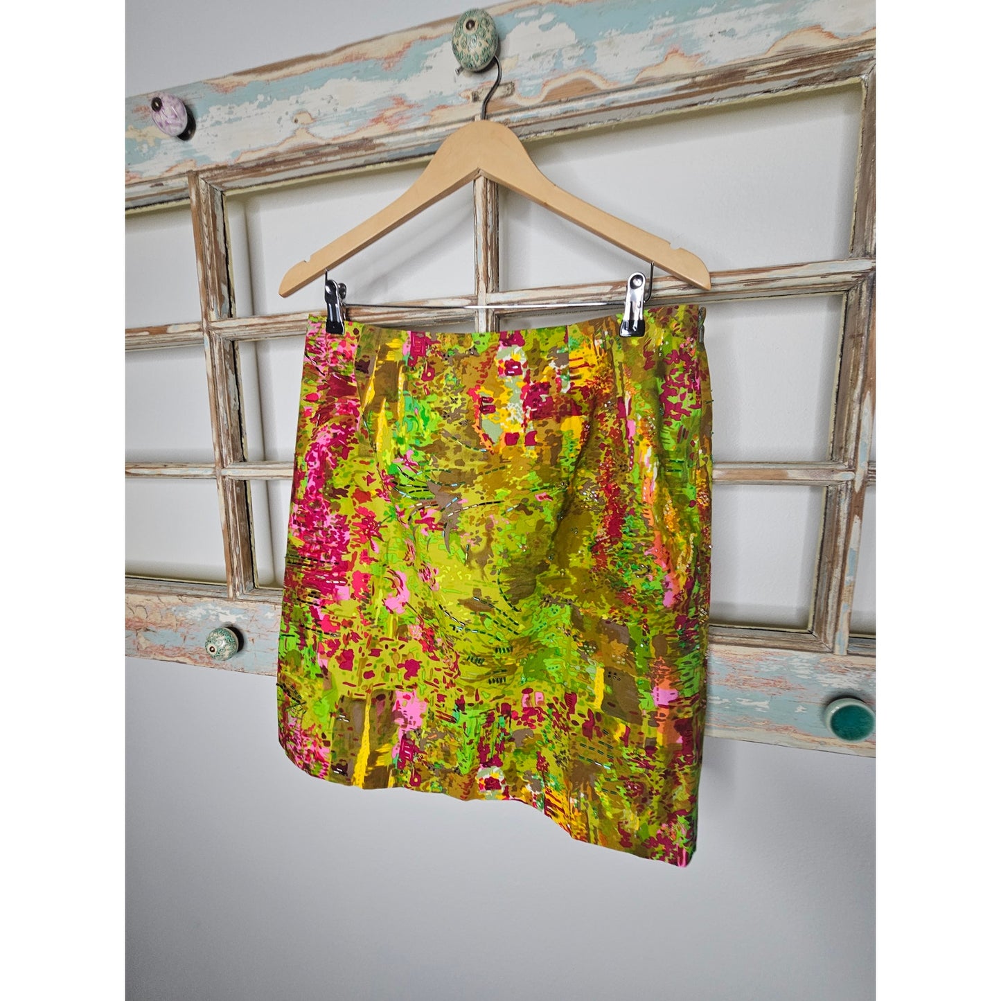 Etcetera Lined Abstract Skirt Womens Size 12 Green Multi Beaded Pencil