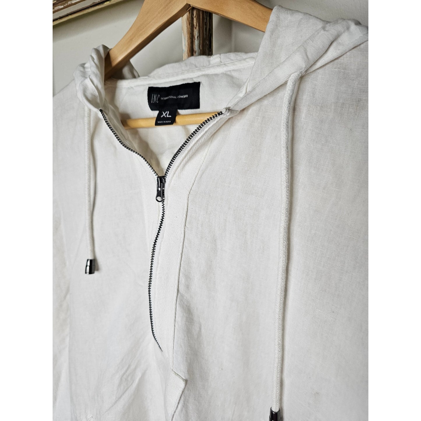 INC International White Linen Pullover Hoodie 1/3 Zip Ladies size XL