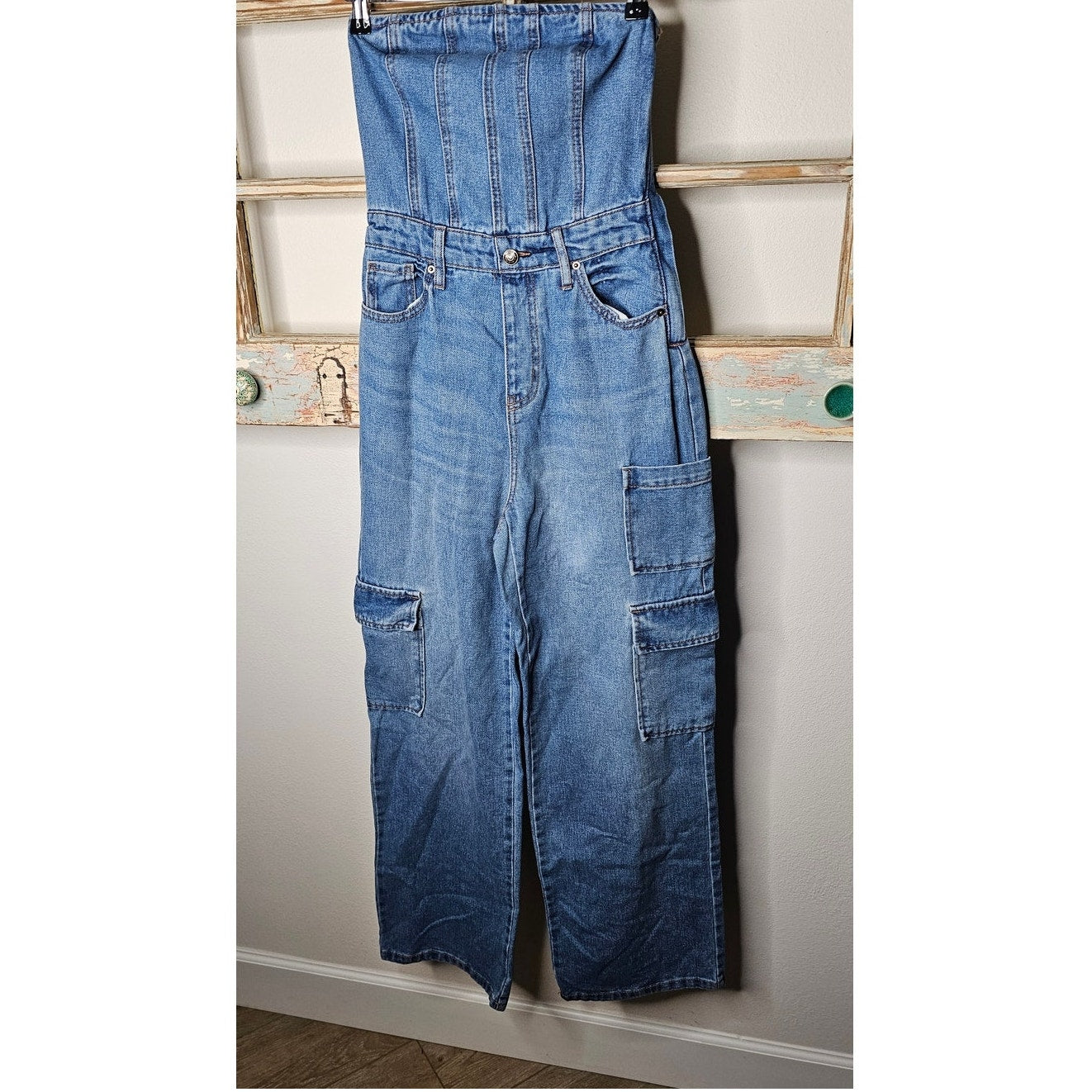 NWT Denim Strapless Bustier Jumper Cargo Style Pants Size XXS