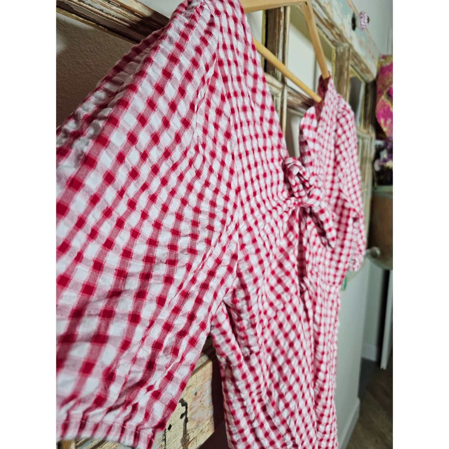 Gingham Red/White Tie Back Flounce Swing Dress Ladies size 12