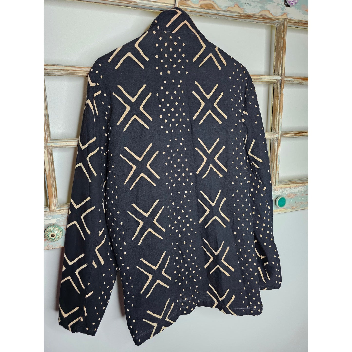 Boho Black/ Tan Open lightweight Geometric Pattern Blazer Size Large