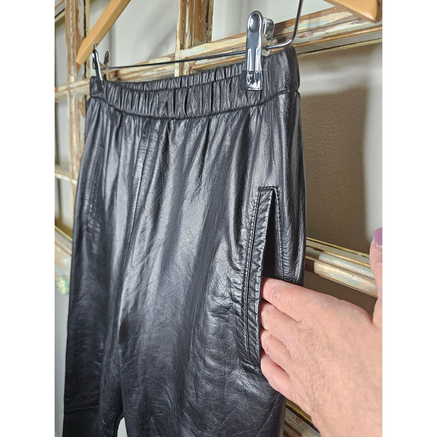 Plush Black Leather comfortable Relaxed Fit Pull on Pants Size 27