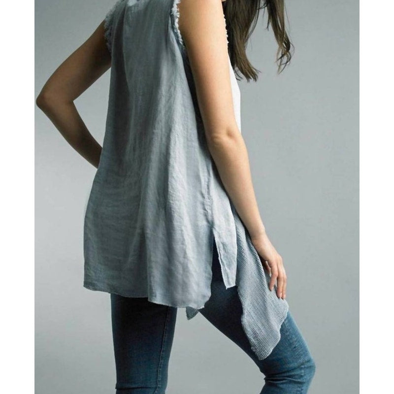 Tempo Paris Linen High Low Embroidered Frayed Edge Tank Top Size Large
