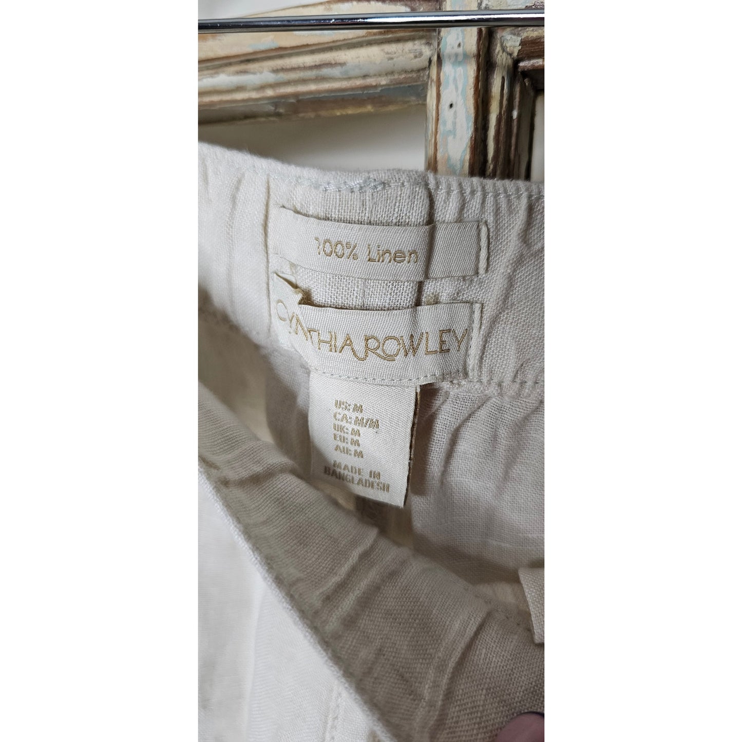 Ivory Linen Elastic Waist Pull On Relaxed Long Short Ladies size meidum