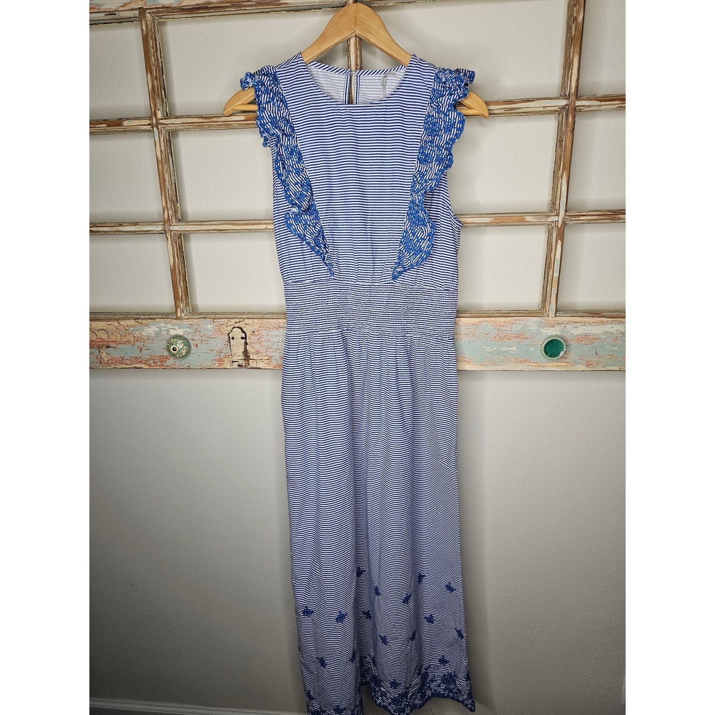 Koton Blue & White Stripe Midi Dress with Ruffles and Embroidery Ladies size Medium