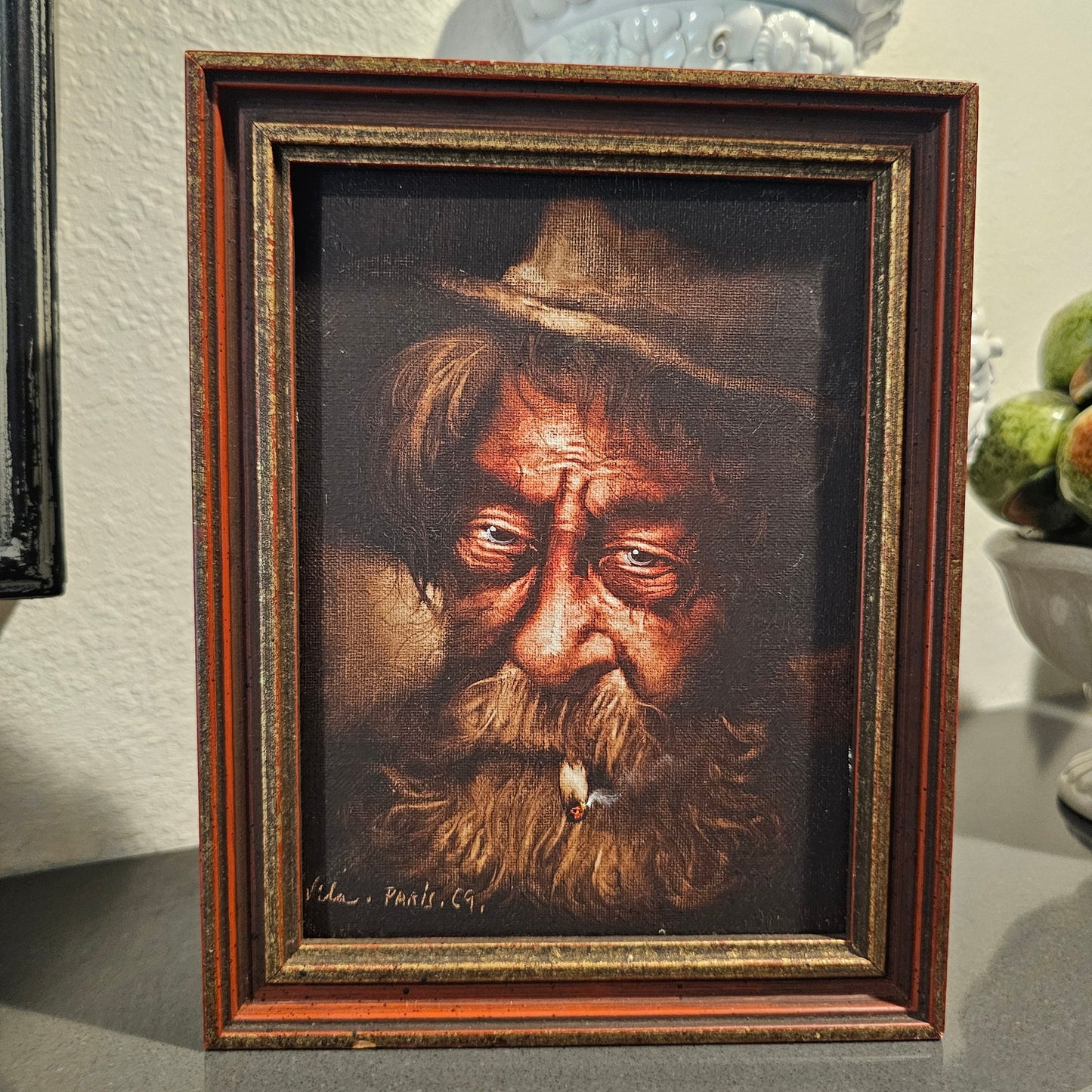 Vintage Set of Framed Oil Paintings Vila Paris 1969 Old Man Pipe & Cigarette